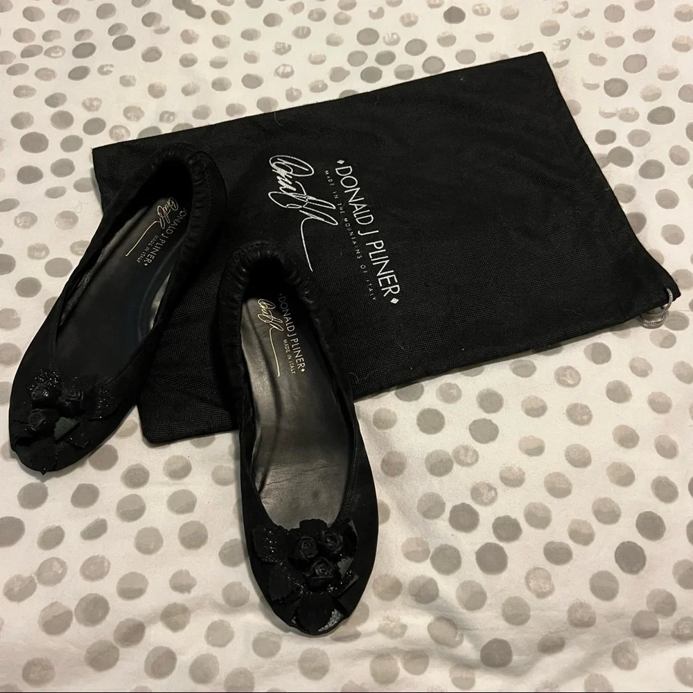 Donald Pliner Black Suede Flower Peep Toe with Elastic Flats Size 6